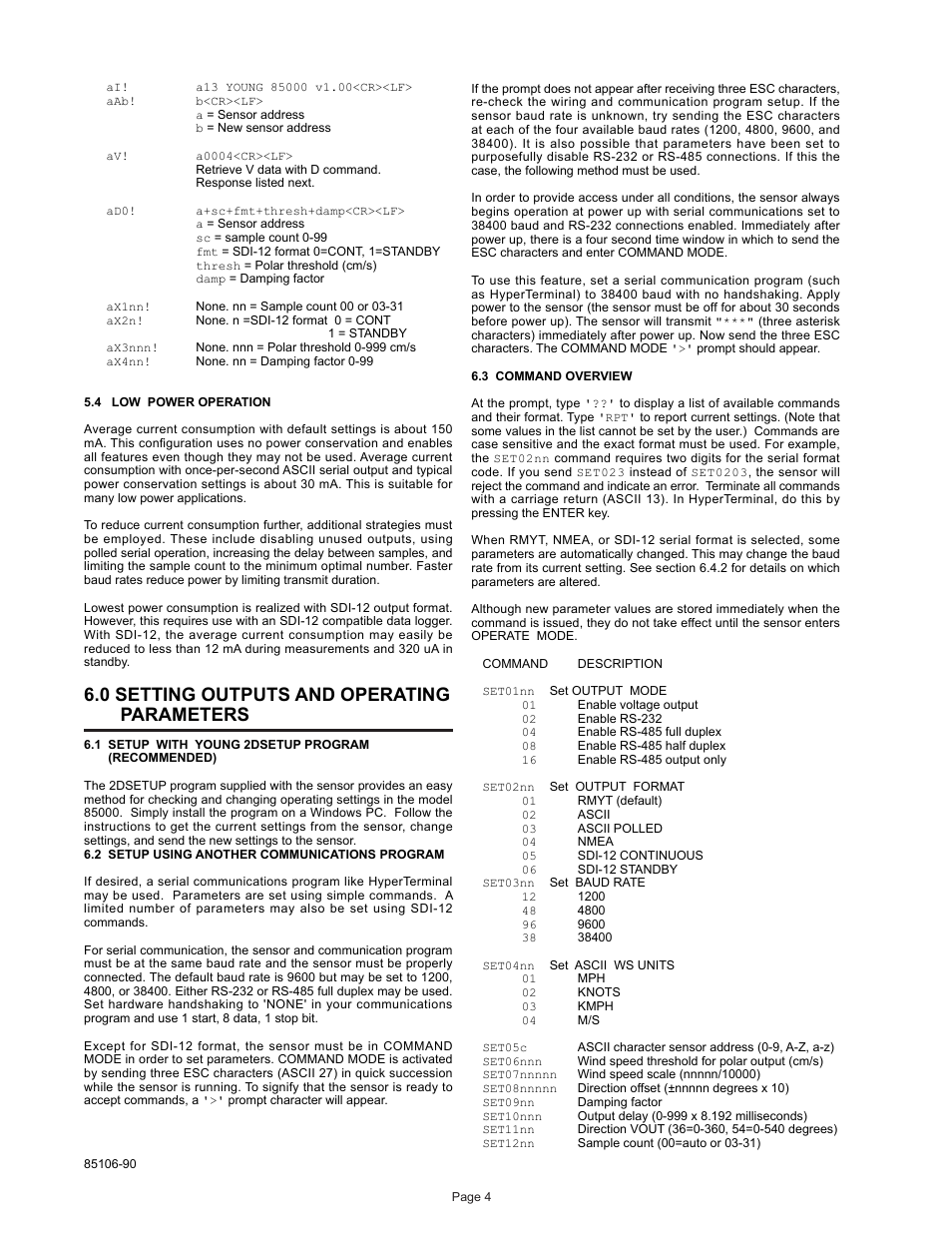 0 setting outputs and operating parameters | Young Ultrasonic Anemometer Marine Model Model 85106 User Manual | Page 7 / 16