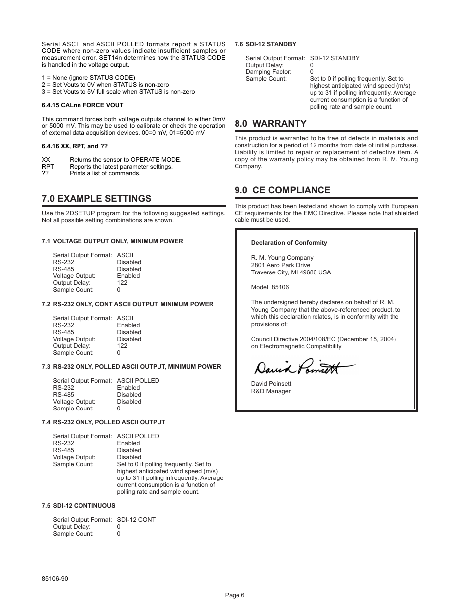 0 example settings, 0 warranty, 0 ce compliance | Young Ultrasonic Anemometer Marine Model Model 85106 User Manual | Page 9 / 16
