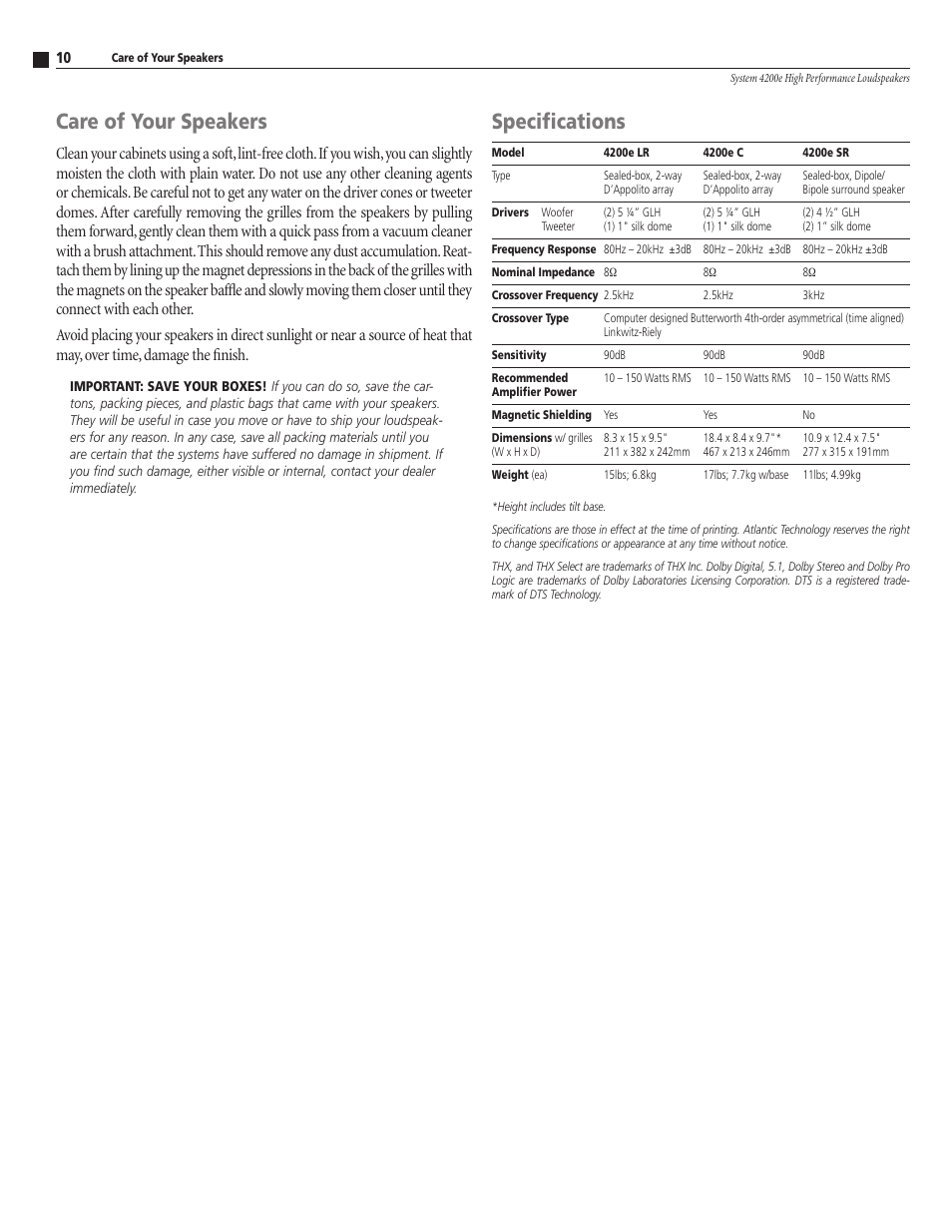 Care of your speakers, Speciﬁcations | Atlantic Technology 4200e THX User Manual | Page 10 / 12