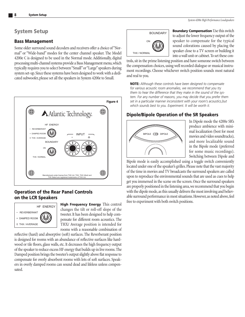 System setup, Dipole/bipole operation of the sr speakers, Bass management | Atlantic Technology 4200e THX User Manual | Page 8 / 12