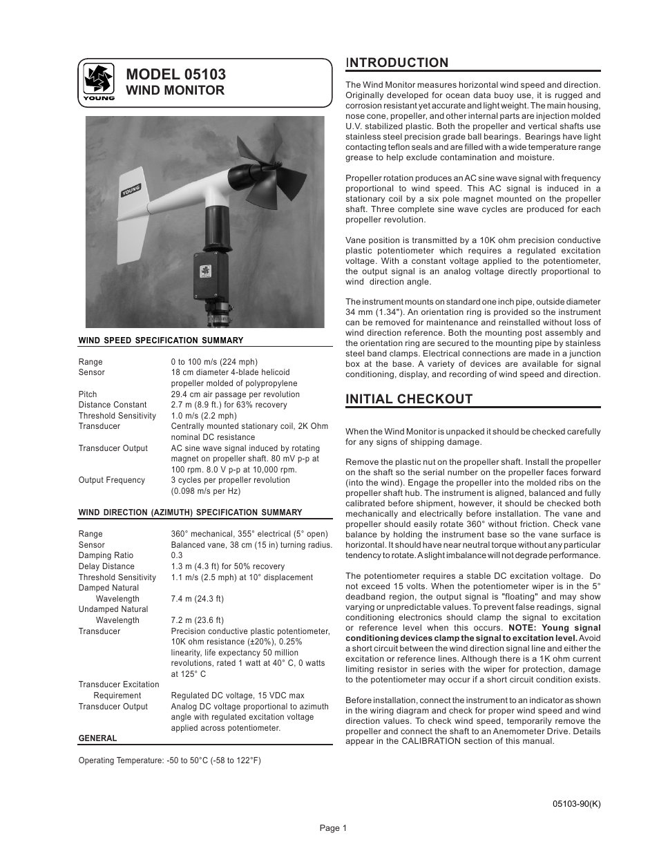 Introduction, Initial checkout, Wind monitor | Young Wind Monitor Model 05103 User Manual | Page 2 / 11