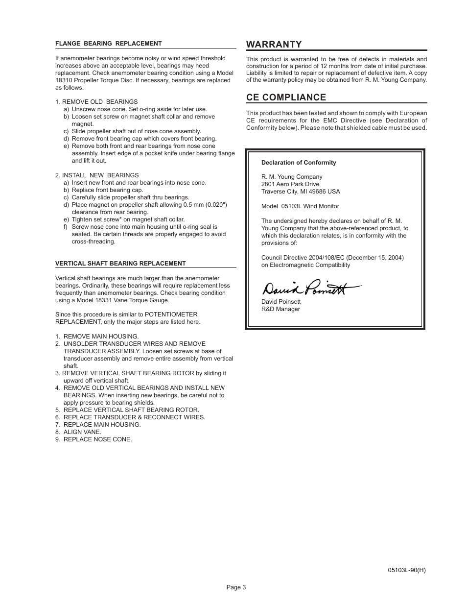 Warranty, Ce compliance | Young Wind Monitor Model 05103L User Manual | Page 4 / 9