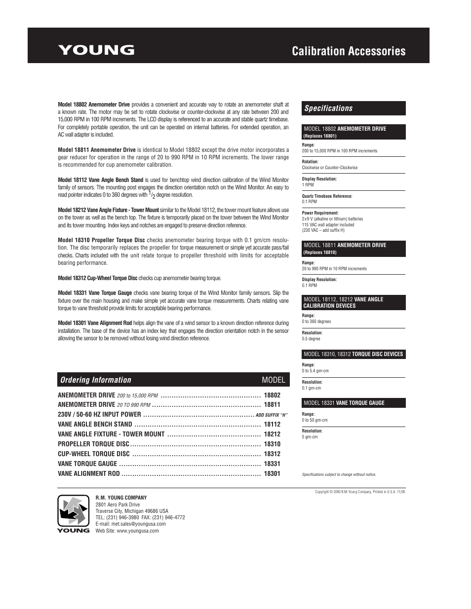 Young, Calibration accessories, Specifications ordering information model | Young Wind Monitor Model 05103L User Manual | Page 9 / 9