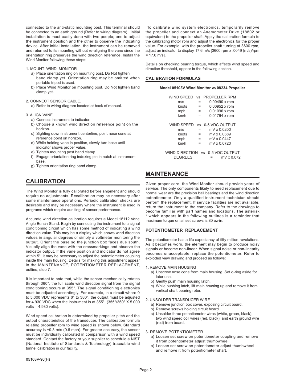 Calibration, Maintenance | Young Wind Monitor Model 05103V User Manual | Page 3 / 11