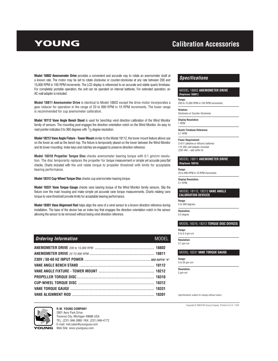 Young, Calibration accessories, Specifications ordering information model | Young Marine Wind Monitor Model 05106 User Manual | Page 11 / 11