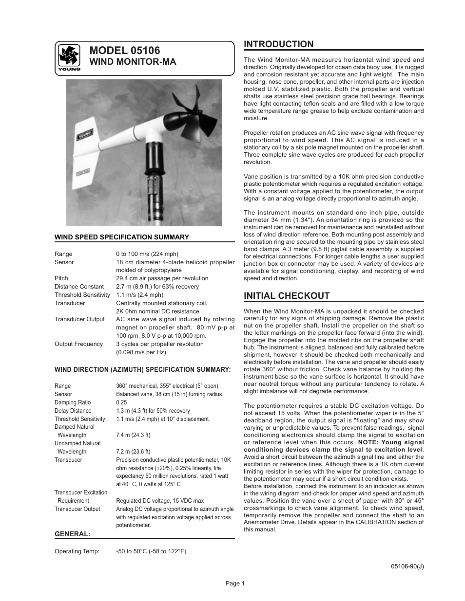 Wind monitor-ma introduction, Initial checkout | Young Marine Wind Monitor Model 05106 User Manual | Page 2 / 11