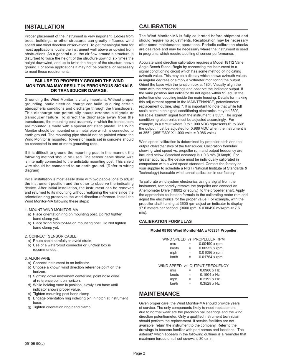 Installation, Calibration, Maintenance | Young Marine Wind Monitor Model 05106 User Manual | Page 3 / 11