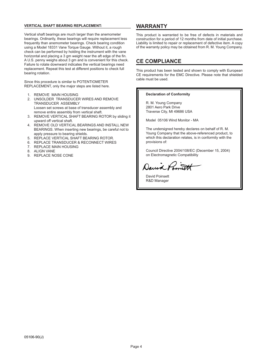 Warranty, Ce compliance | Young Marine Wind Monitor Model 05106 User Manual | Page 5 / 11