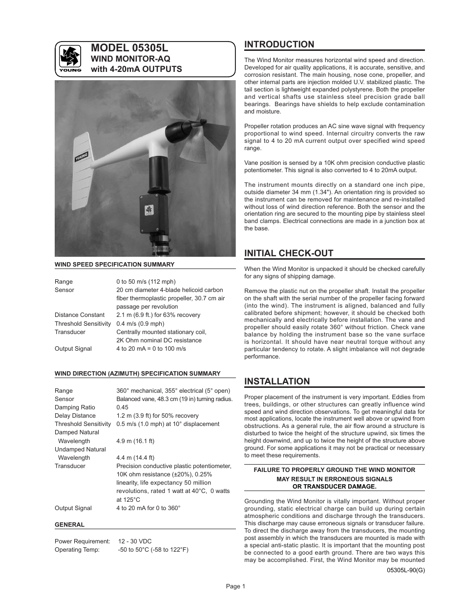 Introduction, Initial check-out, Installation | Wind monitor-aq with 4-20ma outputs | Young AQ Wind Monitor Meets EPA - PSD Model 05305 User Manual | Page 2 / 11