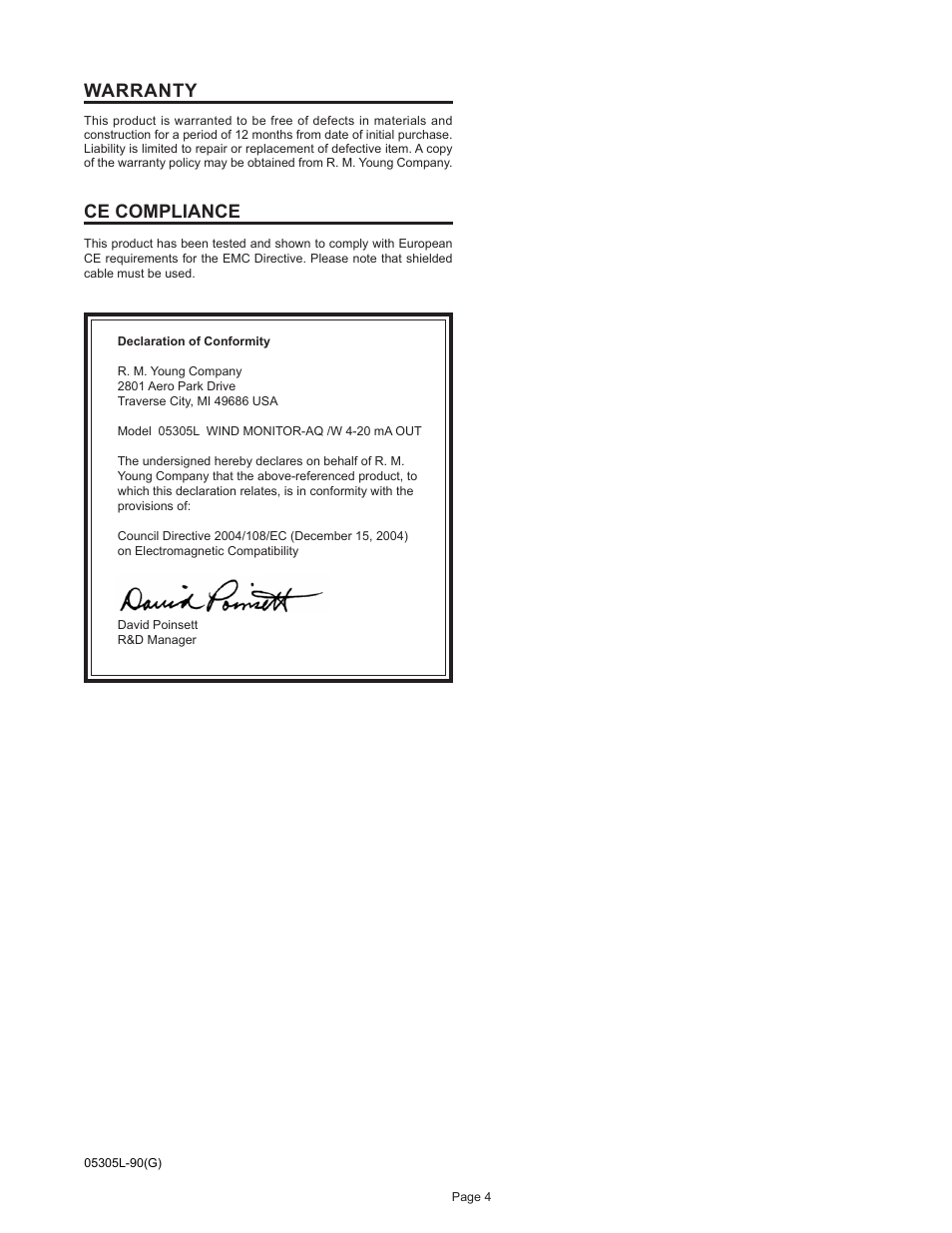 Warranty, Ce compliance | Young AQ Wind Monitor Meets EPA - PSD Model 05305 User Manual | Page 5 / 11