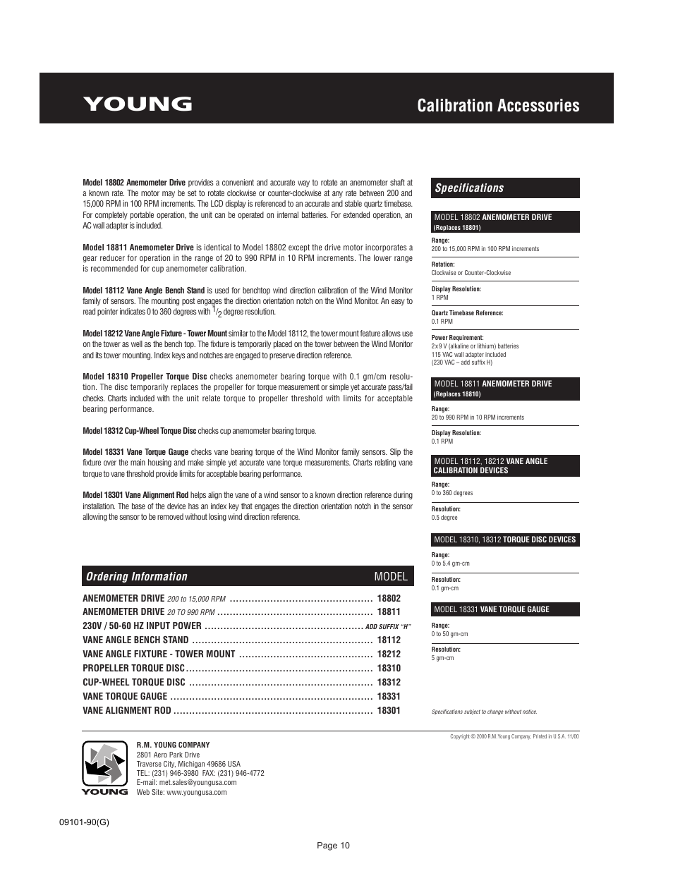 Young, Calibration accessories, Specifications ordering information model | Young Serial Output Wind Monitor Model 09101 User Manual | Page 11 / 11