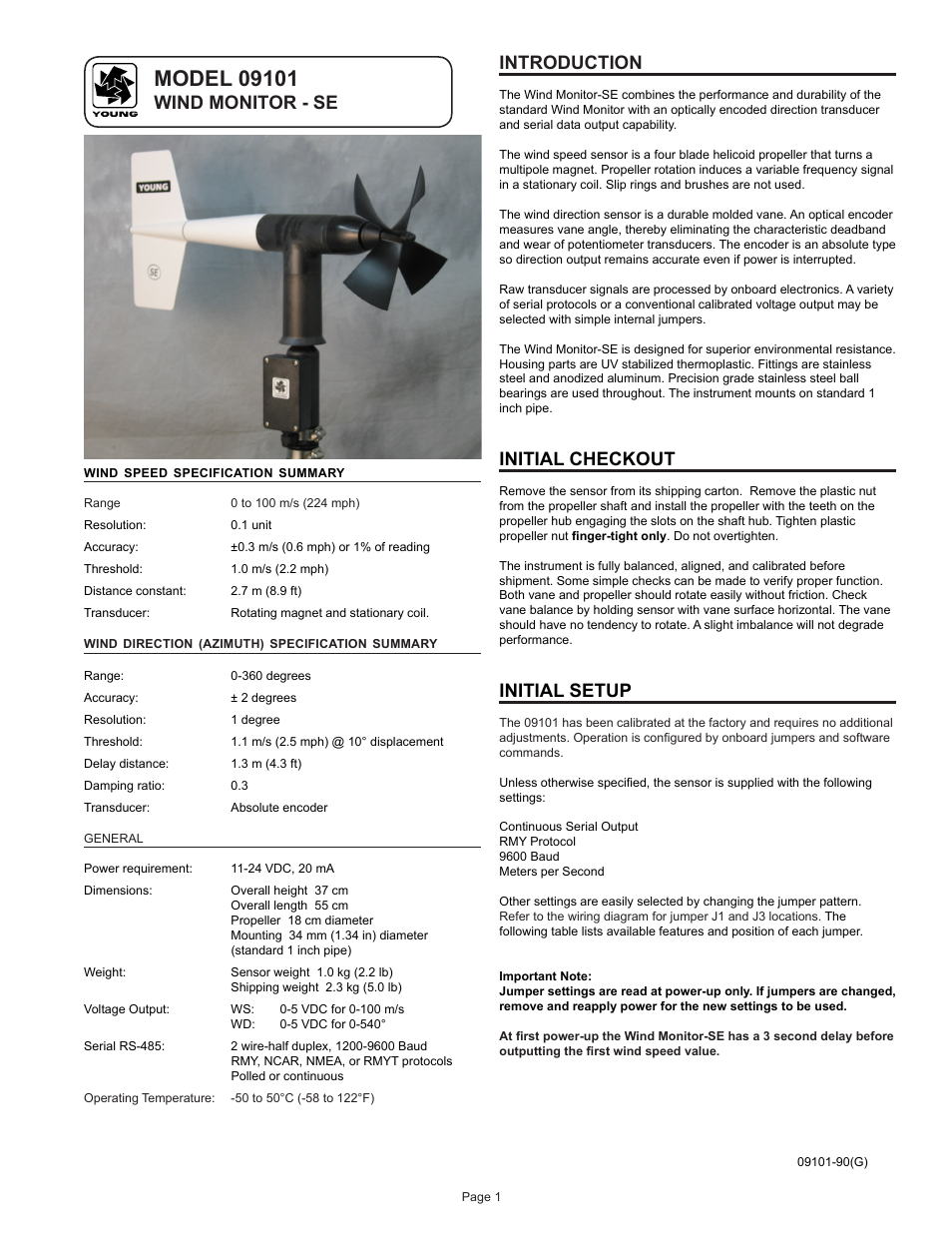 Wind monitor - se introduction, Initial checkout, Initial setup | Young Serial Output Wind Monitor Model 09101 User Manual | Page 2 / 11