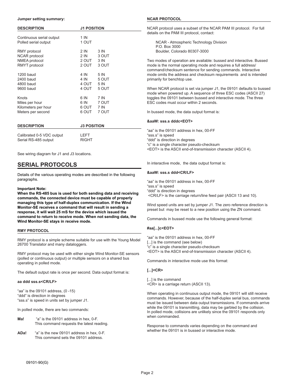 Serial protocols | Young Serial Output Wind Monitor Model 09101 User Manual | Page 3 / 11