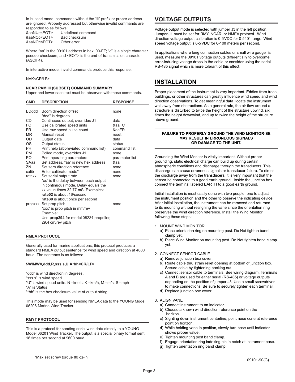 Voltage outputs, Installation | Young Serial Output Wind Monitor Model 09101 User Manual | Page 4 / 11