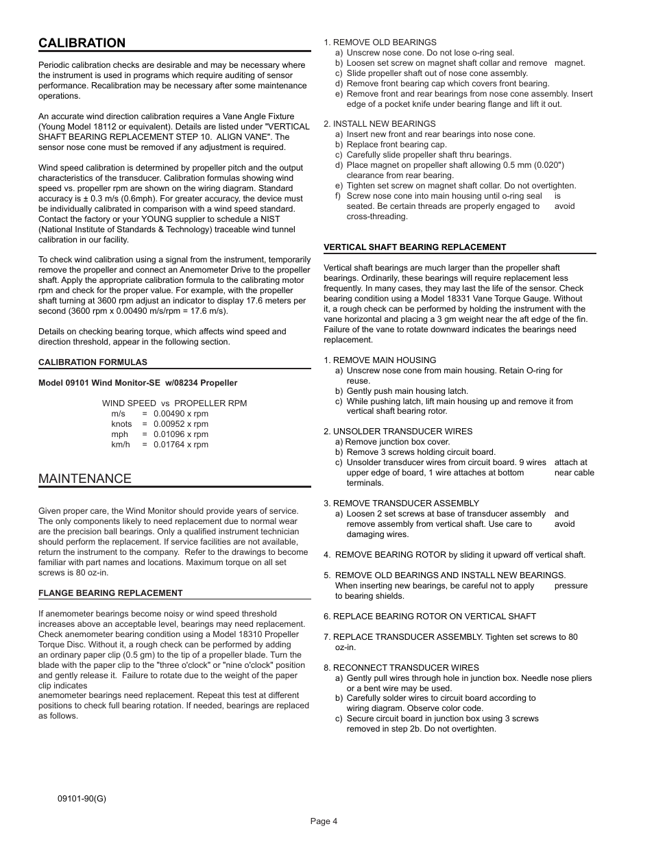 Calibration, Maintenance | Young Serial Output Wind Monitor Model 09101 User Manual | Page 5 / 11