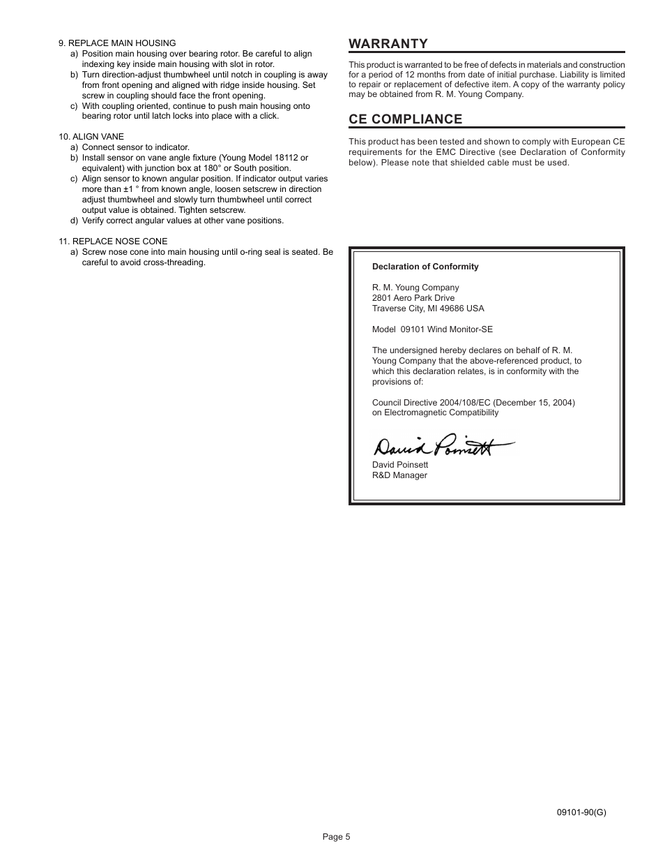 Warranty, Ce compliance | Young Serial Output Wind Monitor Model 09101 User Manual | Page 6 / 11