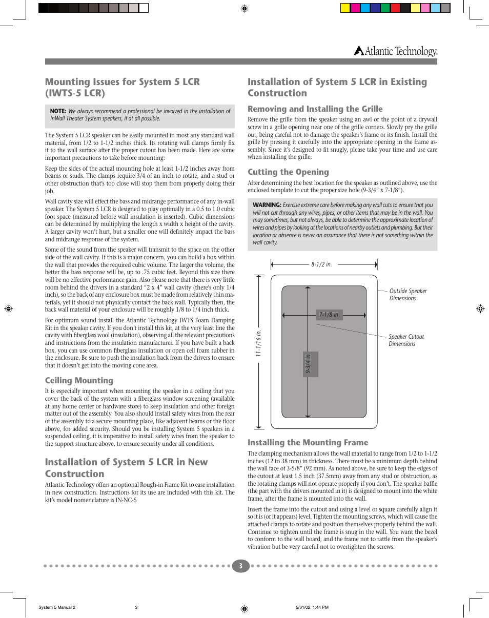 Atlantic technology, Mounting issues for system 5 lcr (iwts-5 lcr), Installation of system 5 lcr in new construction | Atlantic Technology 5 LCR User Manual | Page 3 / 4