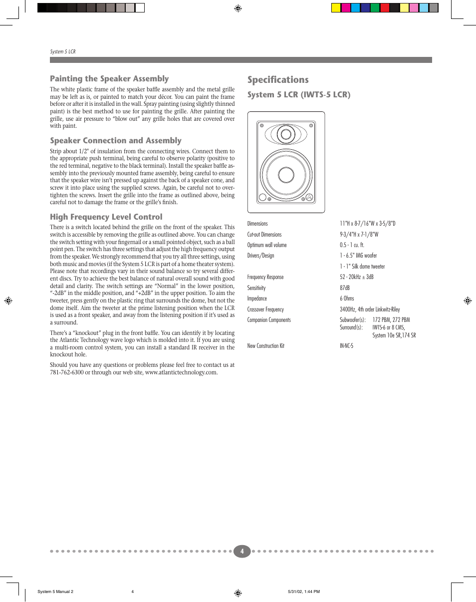 Specifi cations, Painting the speaker assembly, Speaker connection and assembly | High frequency level control, System 5 lcr (iwts-5 lcr) | Atlantic Technology 5 LCR User Manual | Page 4 / 4