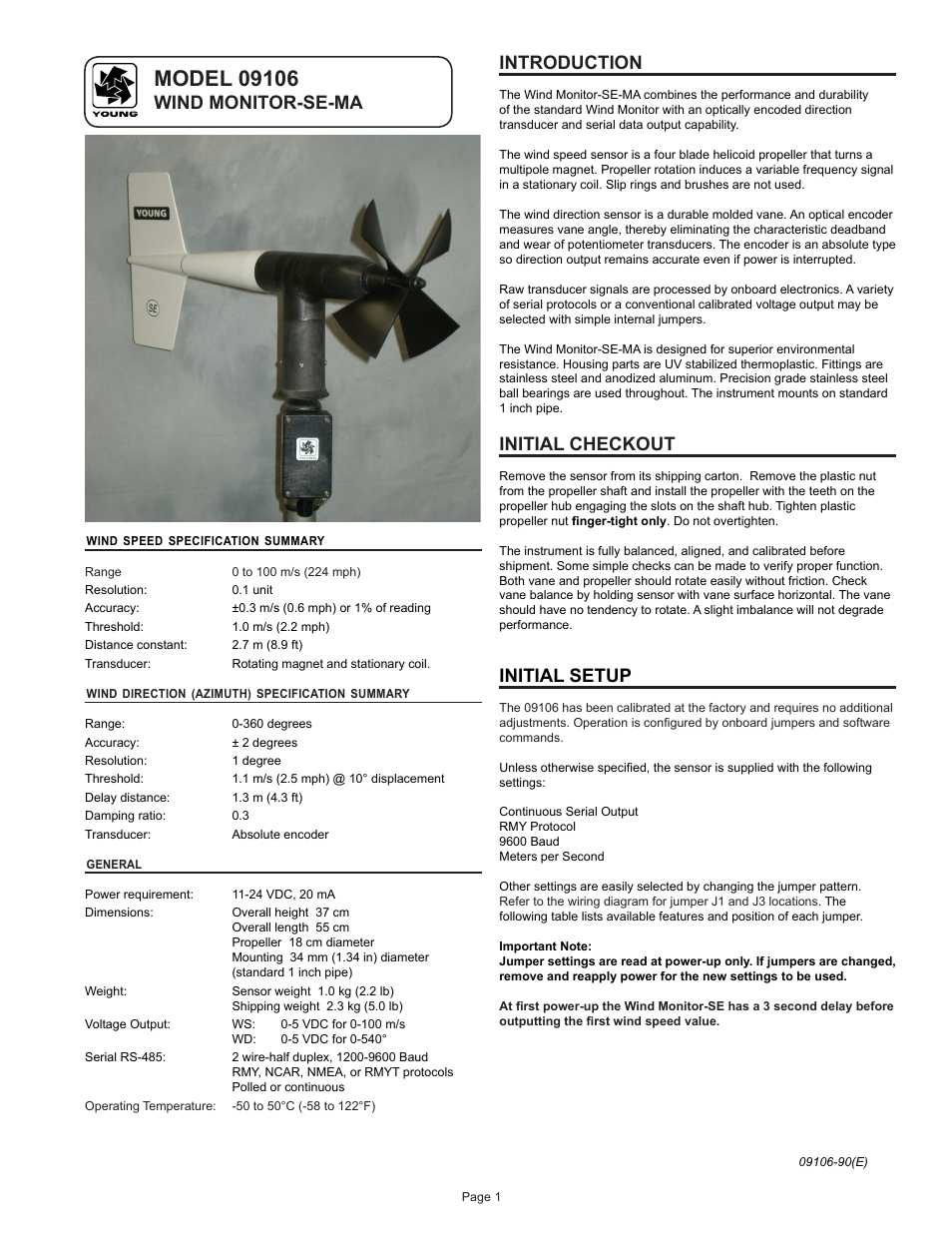 Wind monitor-se-ma introduction, Initial checkout, Initial setup | Young Serial Output Wind Monitor Model 09106 User Manual | Page 2 / 11