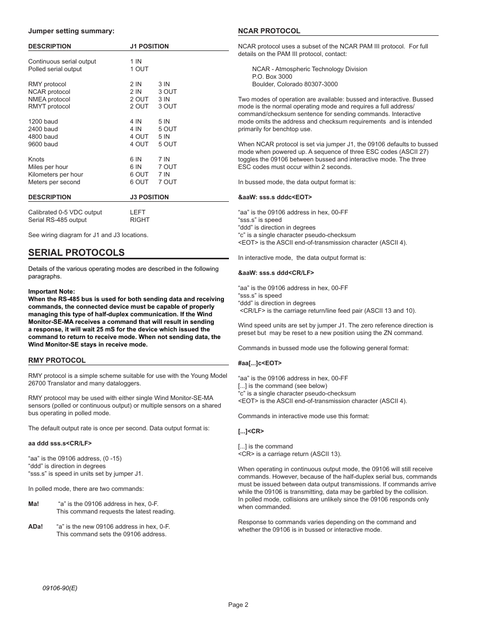 Serial protocols | Young Serial Output Wind Monitor Model 09106 User Manual | Page 3 / 11