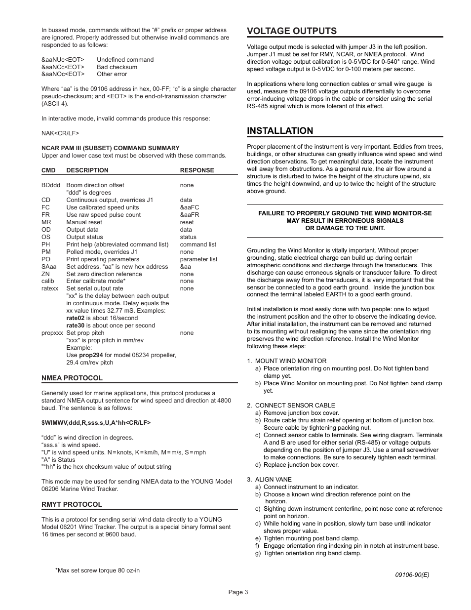 Voltage outputs, Installation | Young Serial Output Wind Monitor Model 09106 User Manual | Page 4 / 11