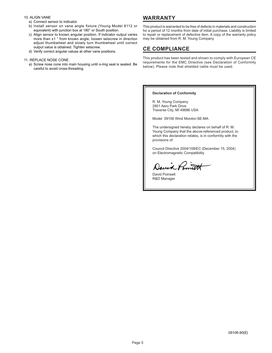 Warranty, Ce compliance | Young Serial Output Wind Monitor Model 09106 User Manual | Page 6 / 11
