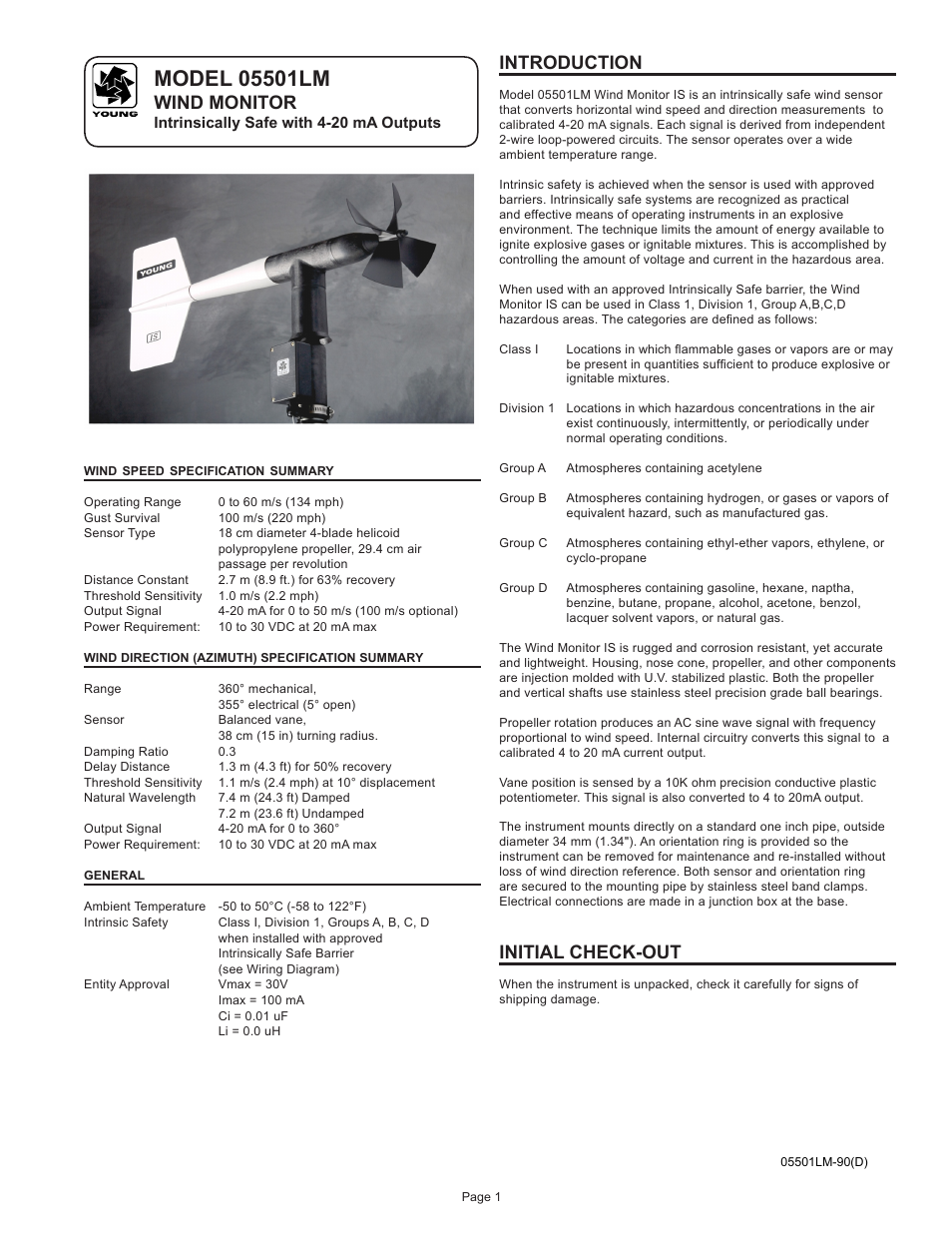 Wind monitor, Introduction, Initial check-out | Young Intrinsically Safe Wind Monitor Model 05501 User Manual | Page 2 / 8
