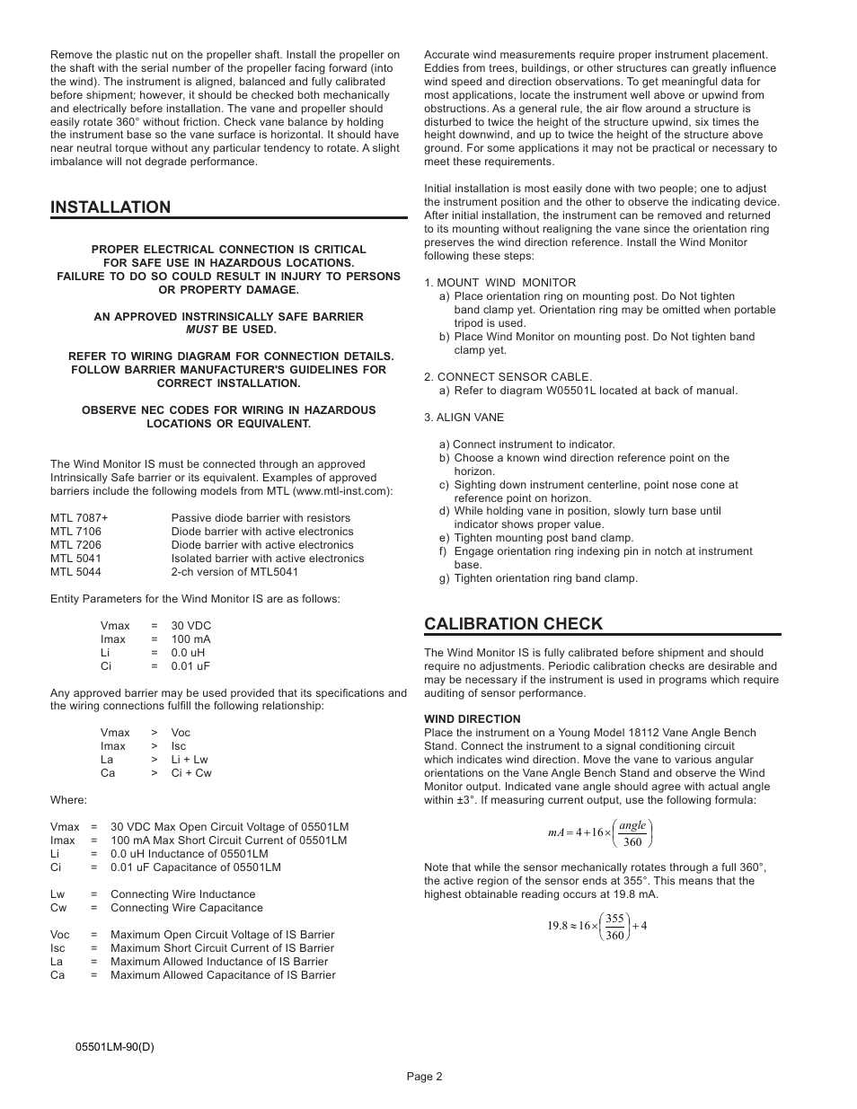 Calibration check, Installation | Young Intrinsically Safe Wind Monitor Model 05501 User Manual | Page 3 / 8