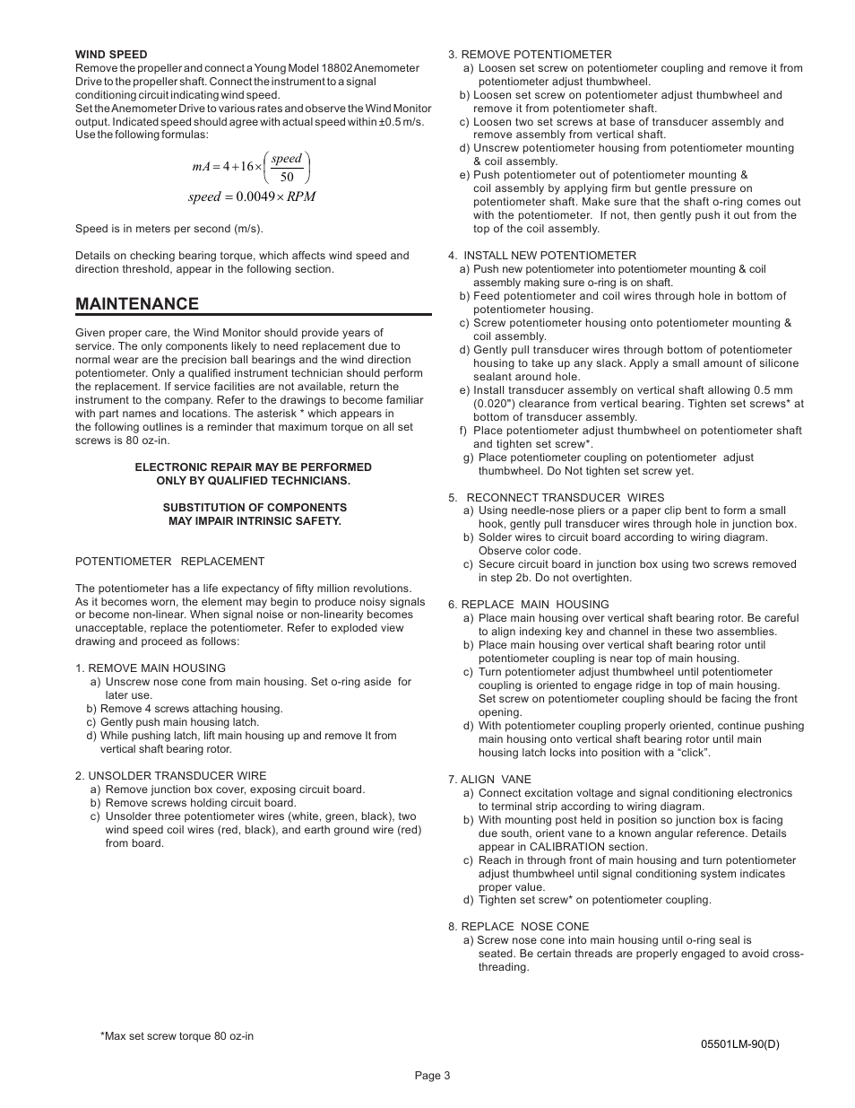 Maintenance | Young Intrinsically Safe Wind Monitor Model 05501 User Manual | Page 4 / 8