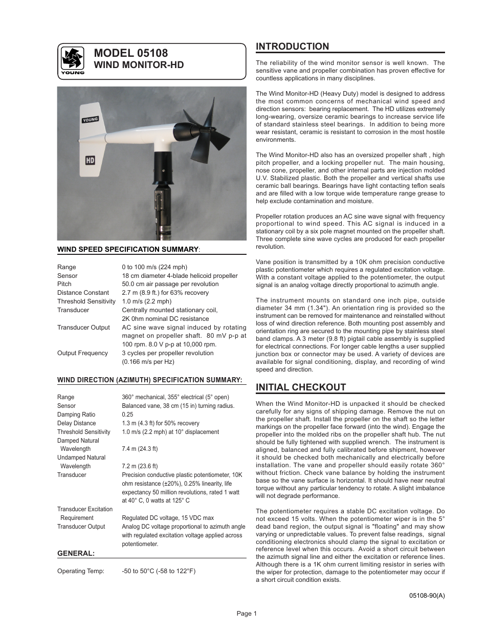 Wind monitor-hd introduction, Initial checkout | Young Heavy Duty Wind Monitor-HD Model 05108 User Manual | Page 2 / 11