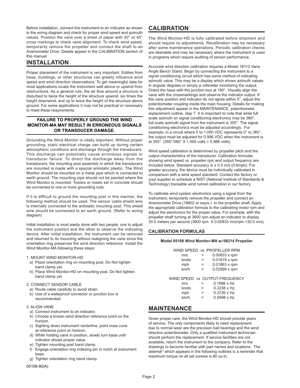 Installation, Calibration, Maintenance | Young Heavy Duty Wind Monitor-HD Model 05108 User Manual | Page 3 / 11