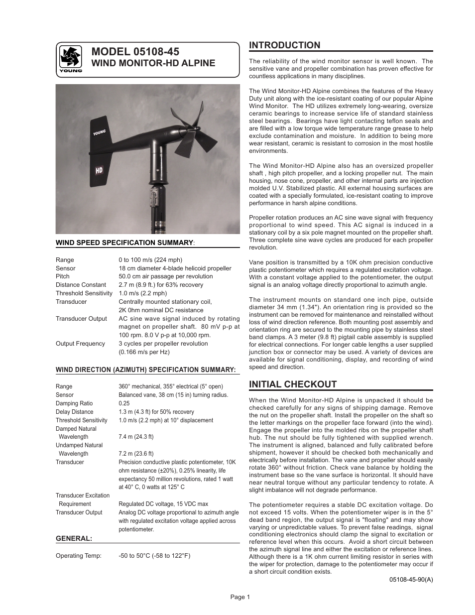 Wind monitor-hd alpine introduction, Initial checkout | Young Heavy Duty Wind Monitor-HD-Alpine Model 05108-45 User Manual | Page 2 / 11