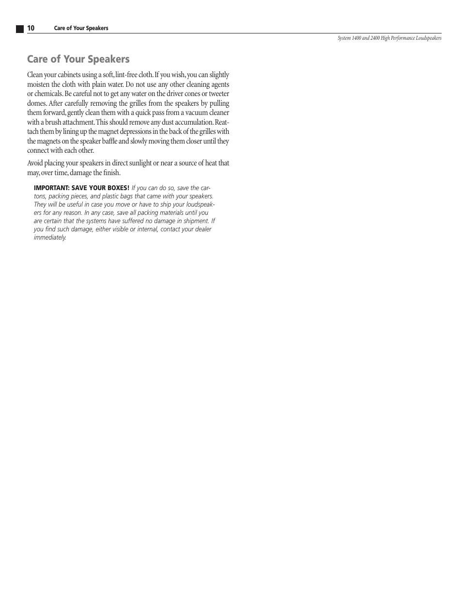 Care of your speakers | Atlantic Technology 1400 User Manual | Page 10 / 12