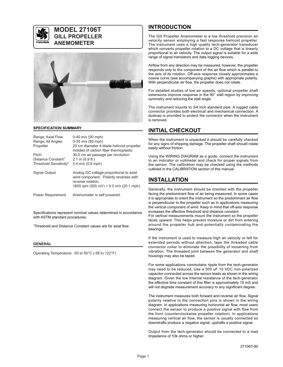 Gill propeller anemometer introduction, Initial checkout, Installation | Young Gill Propeller Anemometer Models 27106T User Manual | Page 2 / 8