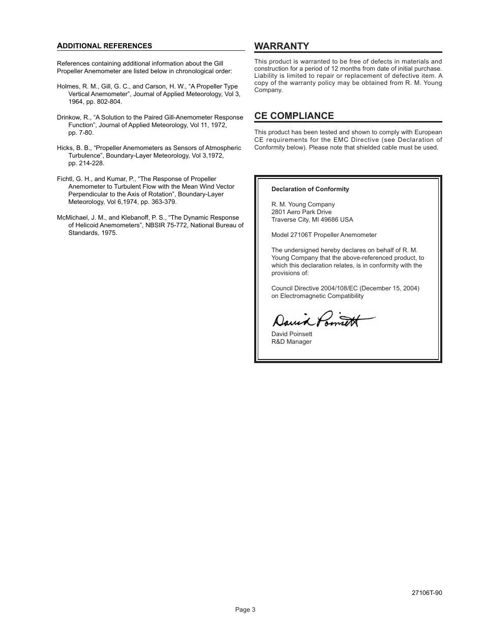 Warranty, Ce compliance | Young Gill Propeller Anemometer Models 27106T User Manual | Page 4 / 8