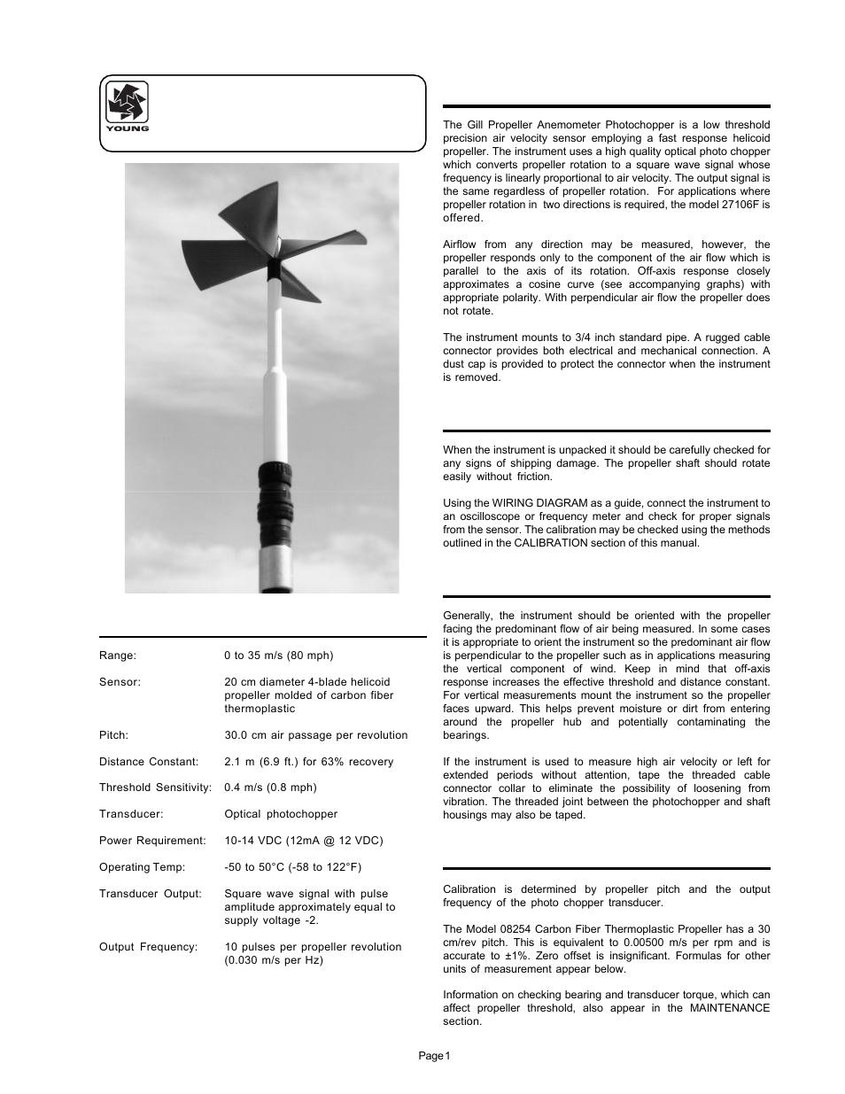 Introduction, Initial checkout, Installation | Calibration, Gill propeller anemometer | Young Gill Propeller Anemometer Models 27106DT User Manual | Page 2 / 6