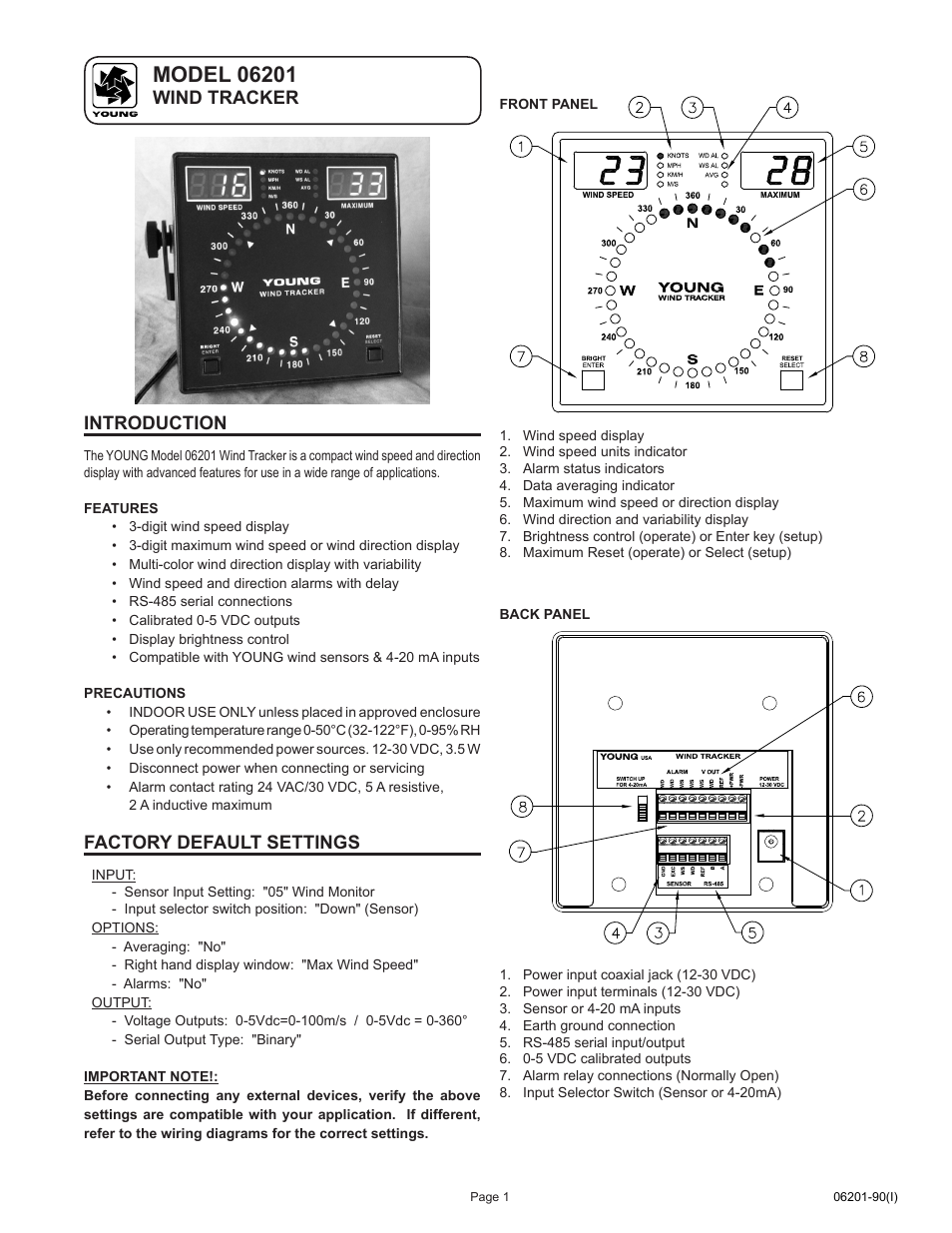 Introduction, Factory default settings, Wind tracker | Young Wind Tracker Model 06201 User Manual | Page 2 / 7