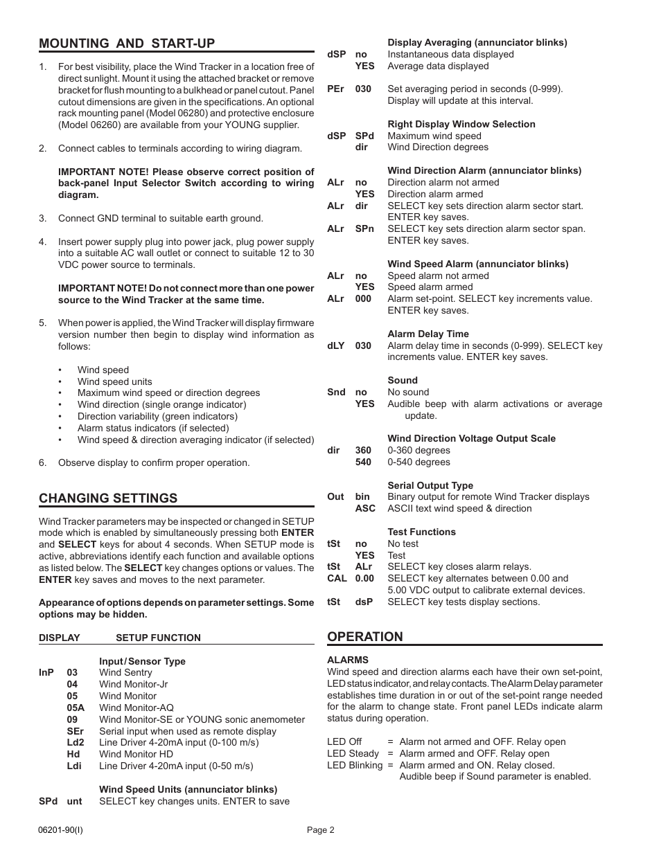 Mounting and start-up, Changing settings, Operation | Young Wind Tracker Model 06201 User Manual | Page 3 / 7