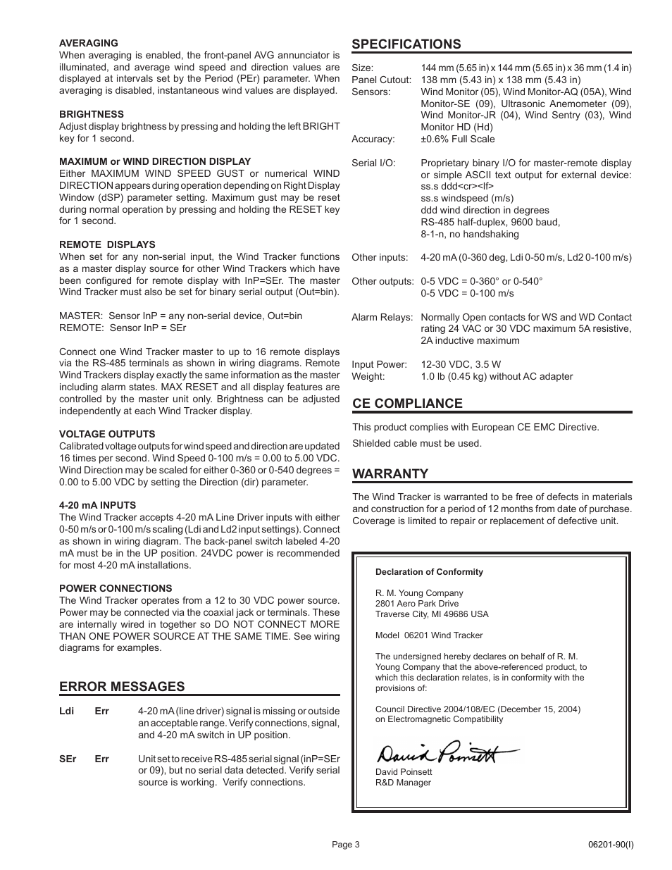 Error messages, Specifications, Ce compliance | Warranty | Young Wind Tracker Model 06201 User Manual | Page 4 / 7
