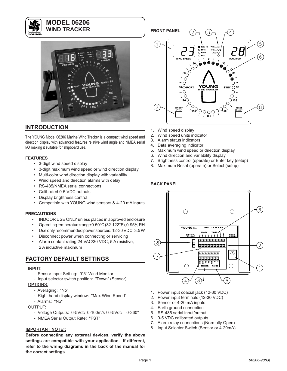 Introduction, Factory default settings, Wind tracker | Young Marine Wind Tracker Model 06206 User Manual | Page 2 / 7