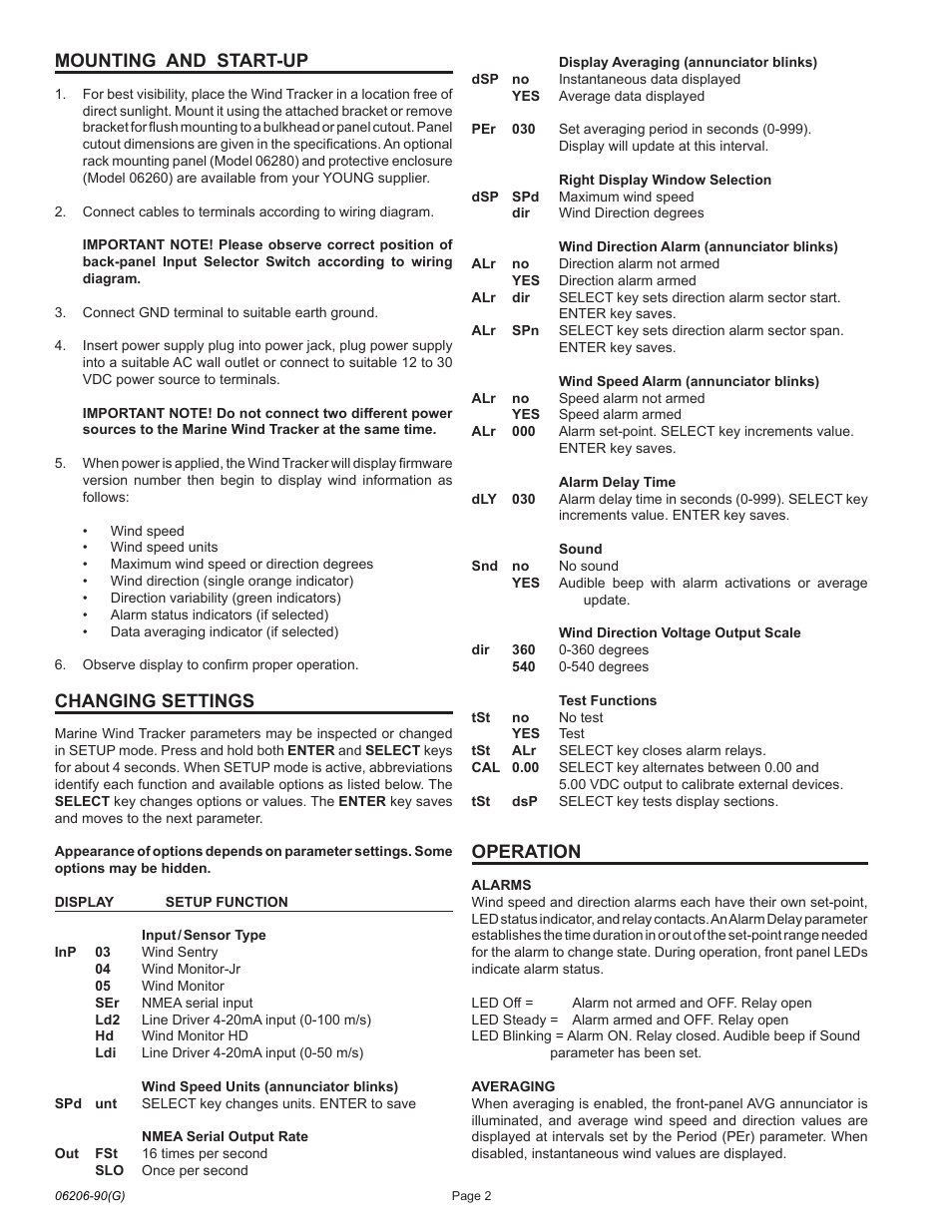 Mounting and start-up, Changing settings, Operation | Young Marine Wind Tracker Model 06206 User Manual | Page 3 / 7