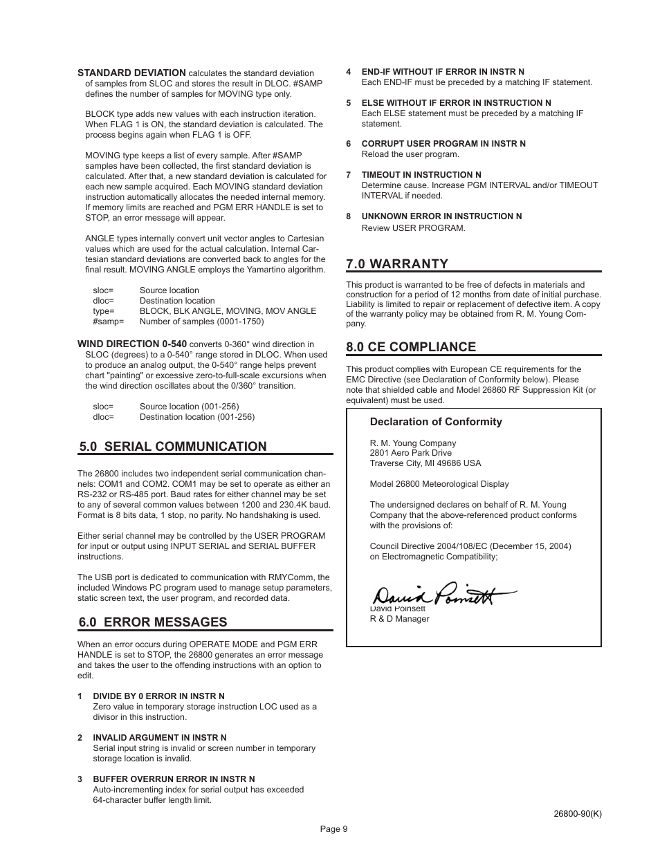 0 serial communication, 0 error messages, 0 warranty | 0 ce compliance | Young Meteorological Translator Model 26800 User Manual | Page 10 / 28