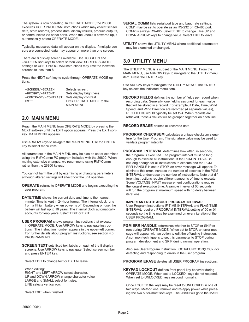 0 main menu, 0 utility menu | Young Meteorological Translator Model 26800 User Manual | Page 3 / 28
