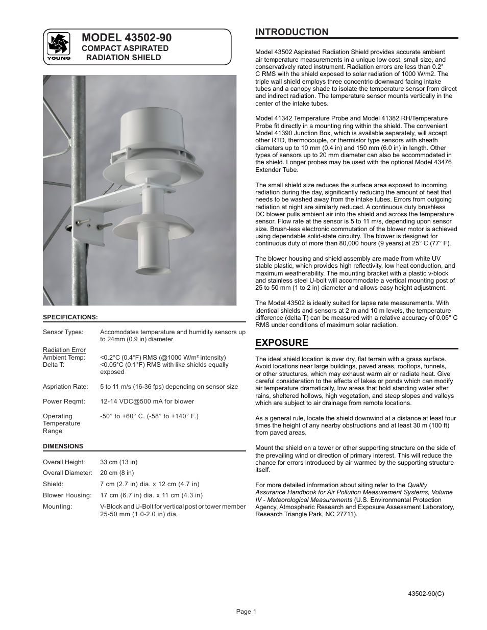 Introduction, Exposure | Young Aspirated Radiation Shield Model 43502 User Manual | Page 2 / 5