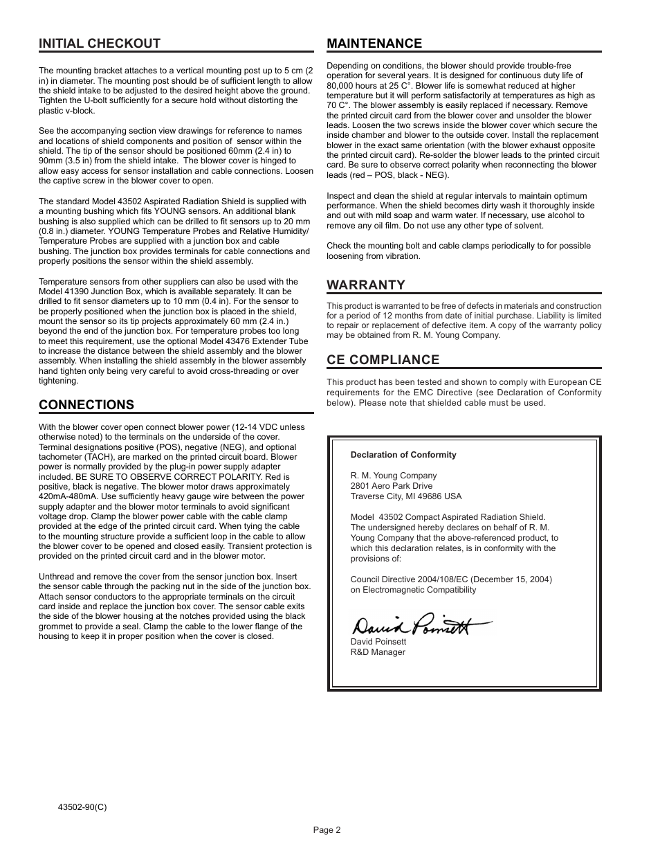 Initial checkout, Connections, Maintenance | Warranty, Ce compliance | Young Aspirated Radiation Shield Model 43502 User Manual | Page 3 / 5