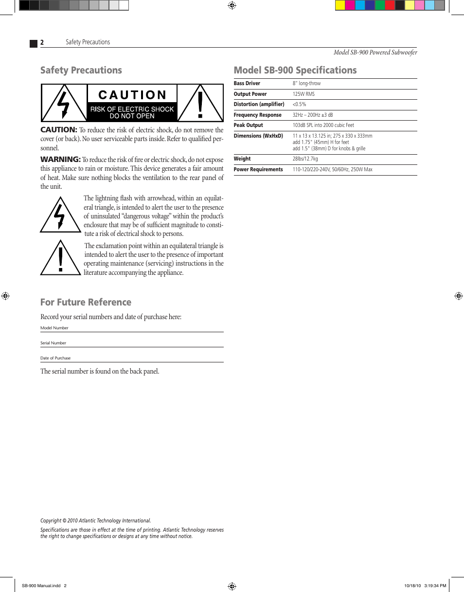 For future reference, Safety precautions, Model sb-900 specifications | The serial number is found on the back panel | Atlantic Technology SB-900 User Manual | Page 2 / 4