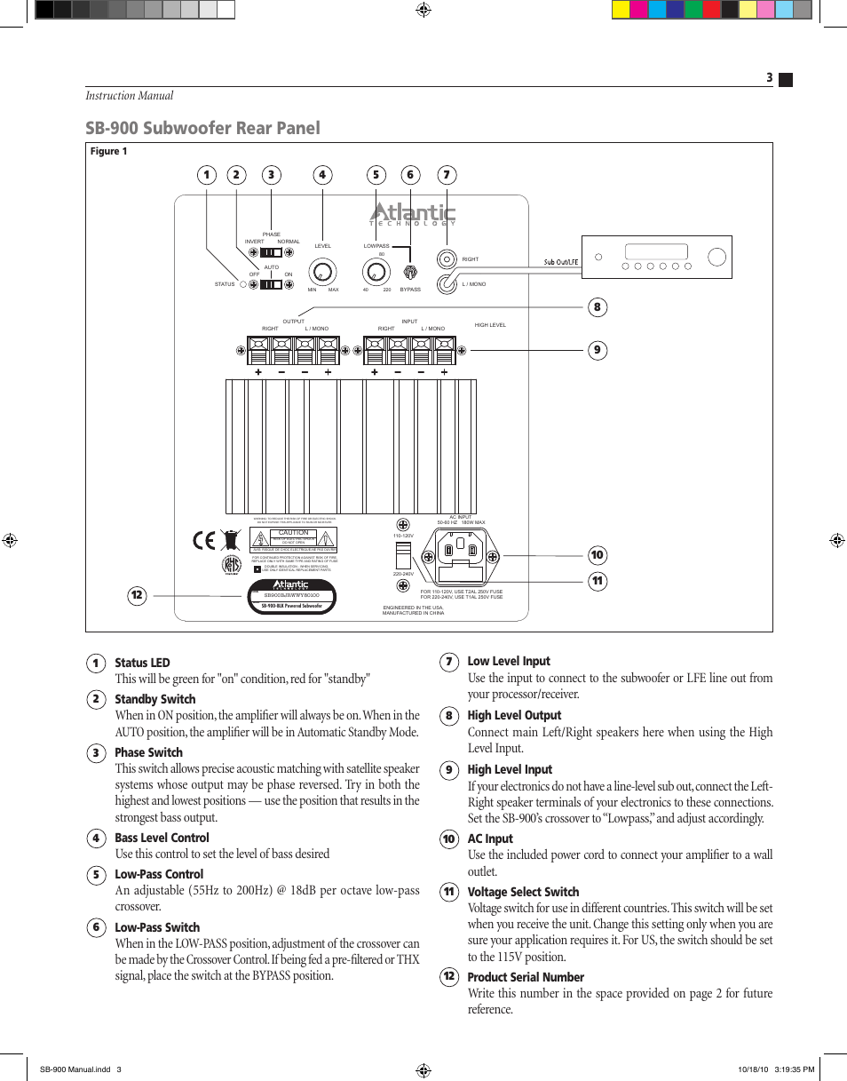 Sb-900 subwoofer rear panel, Use this control to set the level of bass desired, 3 instruction manual low level input | High level output, High level input, Ac input, Voltage select switch, Product serial number, Status led, Standby switch | Atlantic Technology SB-900 User Manual | Page 3 / 4