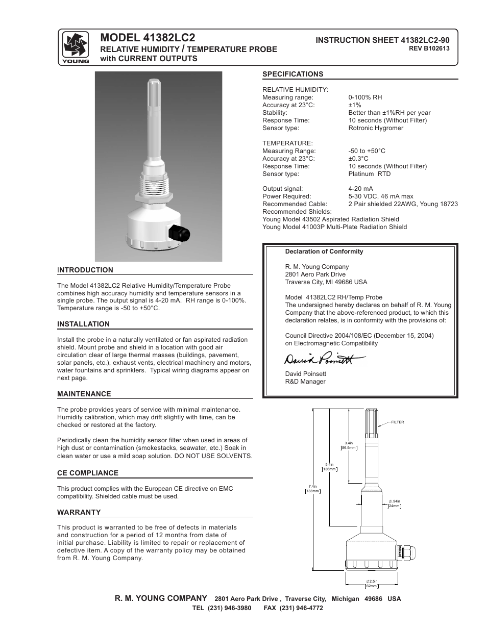 Young Sensors Relative Humidity & Temperature Probes Models 41382LC2 User Manual | 2 pages