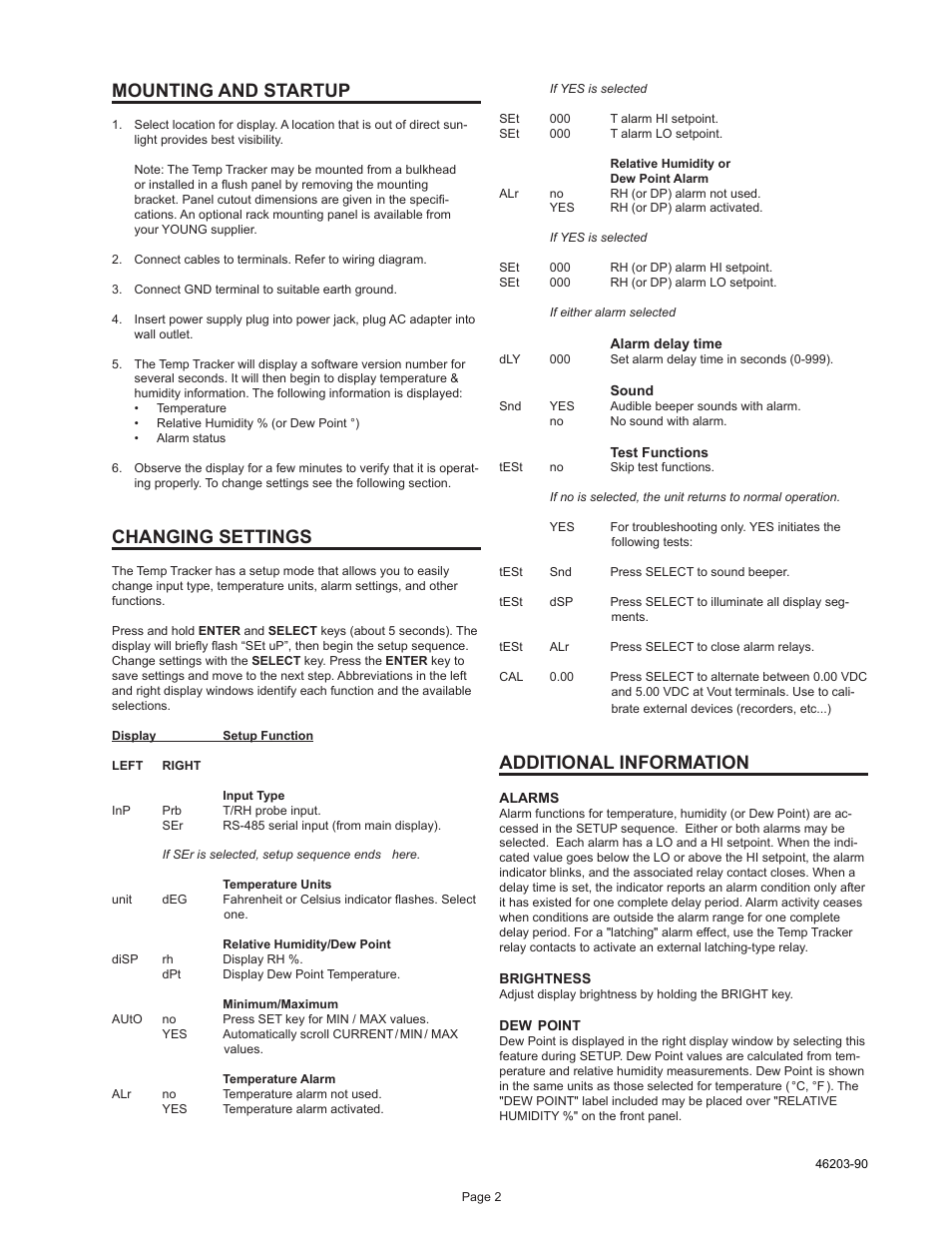 Mounting and startup, Changing settings, Additional information | Young Temp Tracker Model 46203 User Manual | Page 3 / 5