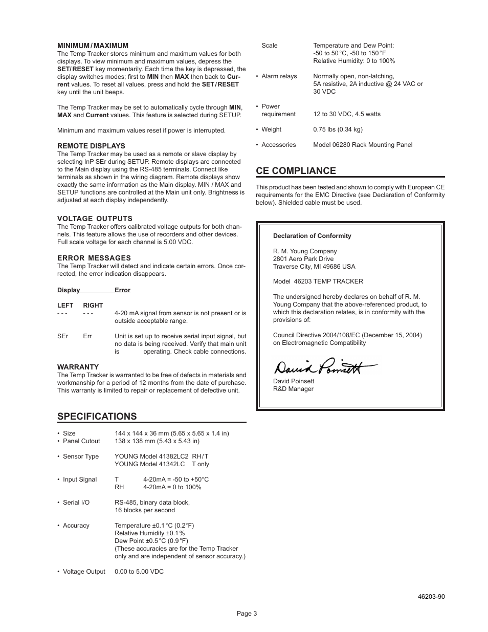 Specifications, Ce compliance | Young Temp Tracker Model 46203 User Manual | Page 4 / 5